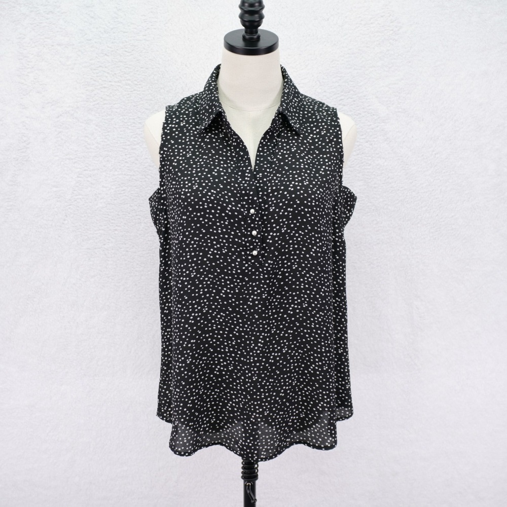 Anne Klein Small Black White Collared Top Blouse Polka Dot Sleeveless 1/4 Button